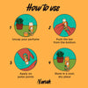 Instructions on how to use a perfume product with illustrations and text on an orange background.