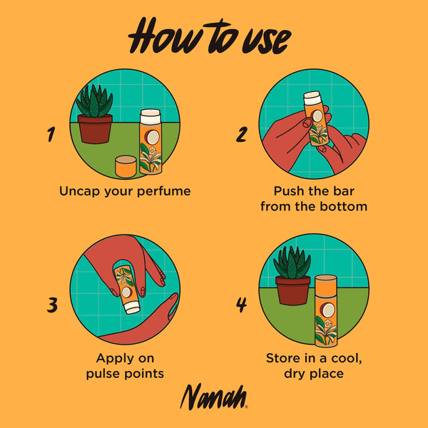 Instructions on how to use a perfume product with illustrations and text on an orange background.