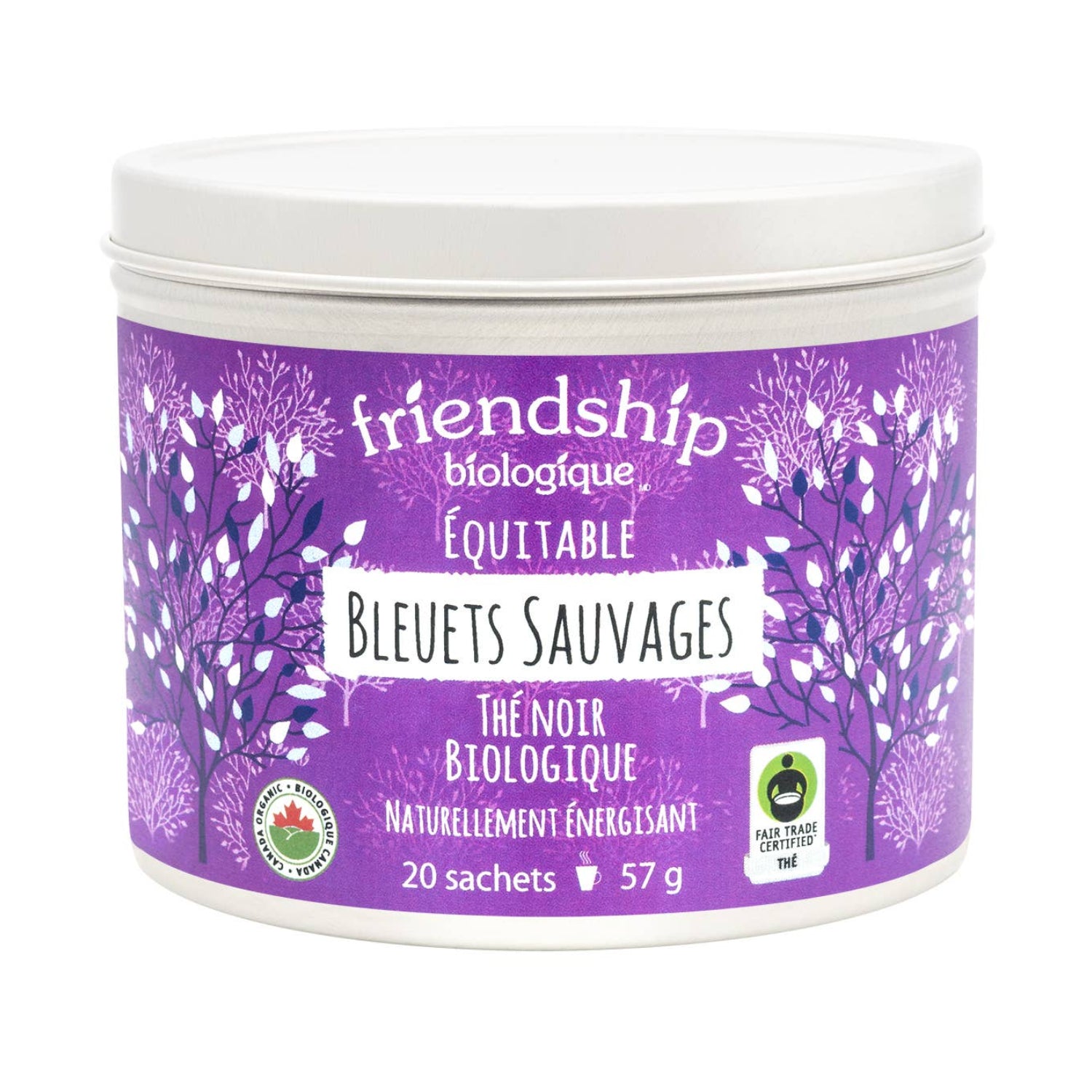 Container of 'Bleuets Sauvages' tea with a purple label on a white background