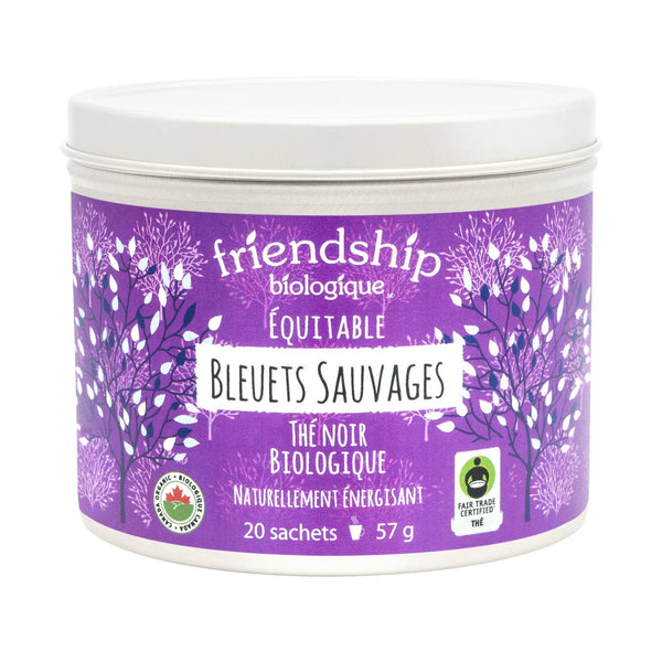 Container of 'Bleuets Sauvages' tea with a purple label on a white background