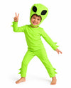 Toddler wearing Cosmic Green Alien Costume with shoulder gear and wrist guards