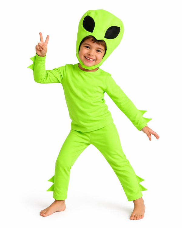 Toddler wearing Cosmic Green Alien Costume with shoulder gear and wrist guards