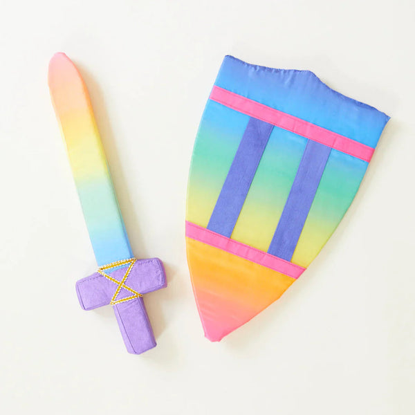 Colorful sword and shield set on a white background
