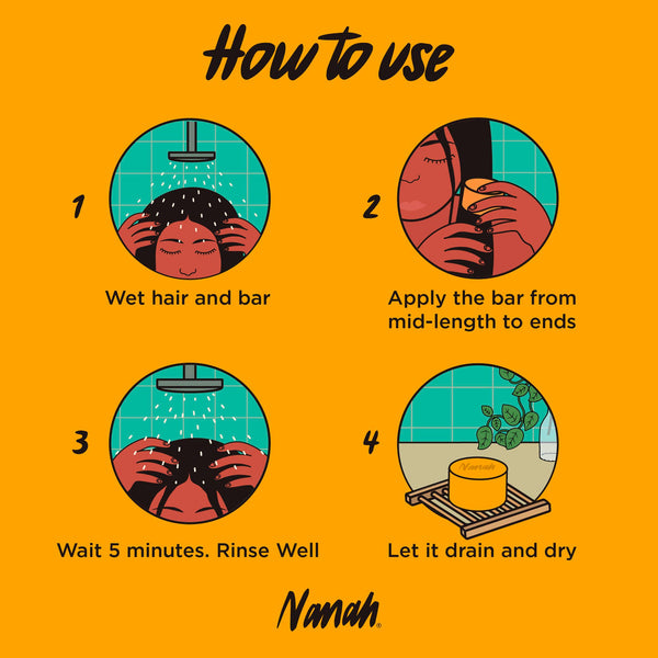 Instructions for using a hair care product with illustrations and text on an orange background.