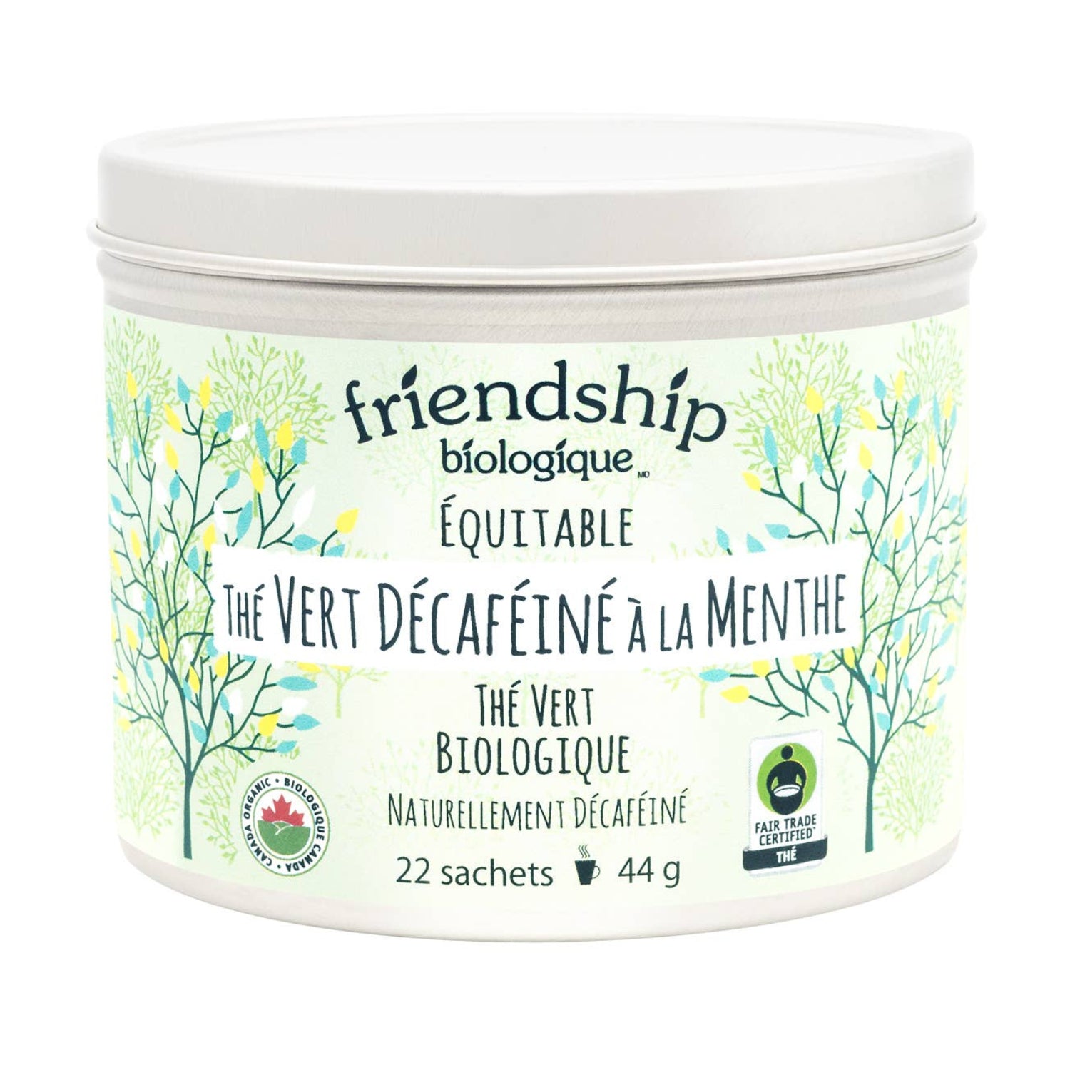 Container of Friendship Biologique green tea with mint flavor on a white background