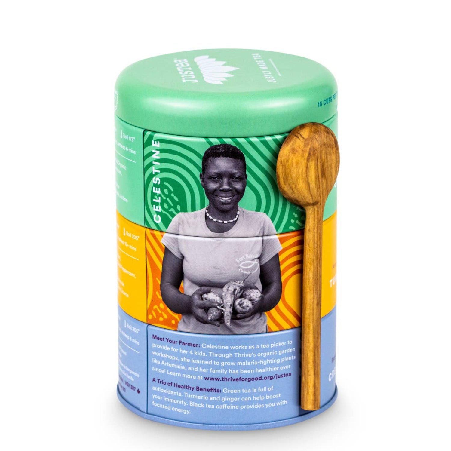 JusTea organic tea tins featuring farmer profiles — Golden Green, Turmeric Ginger and Cream of Earl Grey varieties