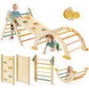 Children playing with a wooden play set including a slide, climbing wall, and balance beam on a white background.