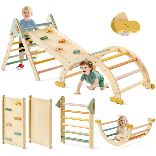 Children playing with a wooden play set including a slide, climbing wall, and balance beam on a white background.