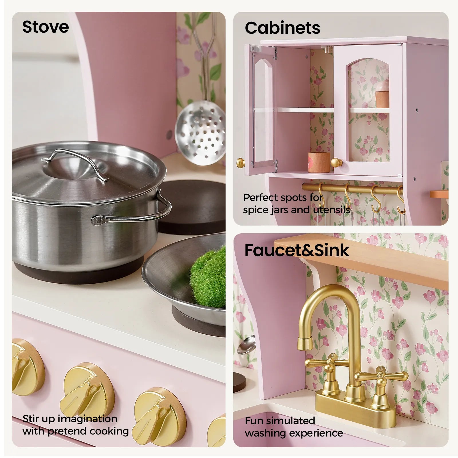A 4-panel collage showcasing features of a pink toy kitchen set: a stove with a stainless steel pot, pink cabinets with floral wallpaper, a gold faucet and sink, and pink control knobs.