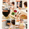A 5-panel collage showing children using a wooden play kitchen set. The panels are labeled 1 to 5 with orange badges: ordering food, pausing a menu, preparing food in the kitchen drawer, baking in an oven, and completing the meal.