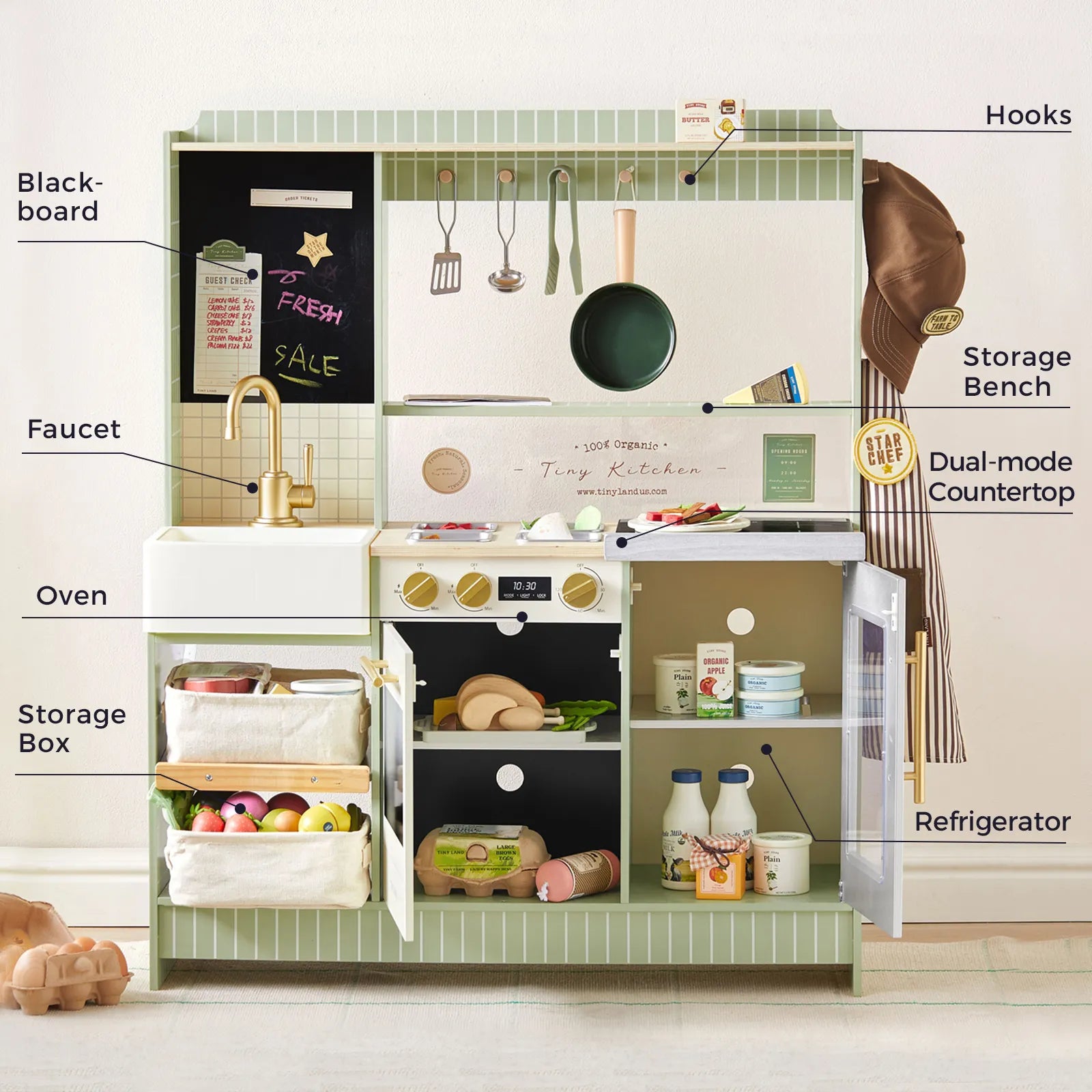 Tiny Land BistroSwitch Play Kitchen set with storage and prep zones