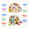 Wooden toy house with various educational components and features labeled.