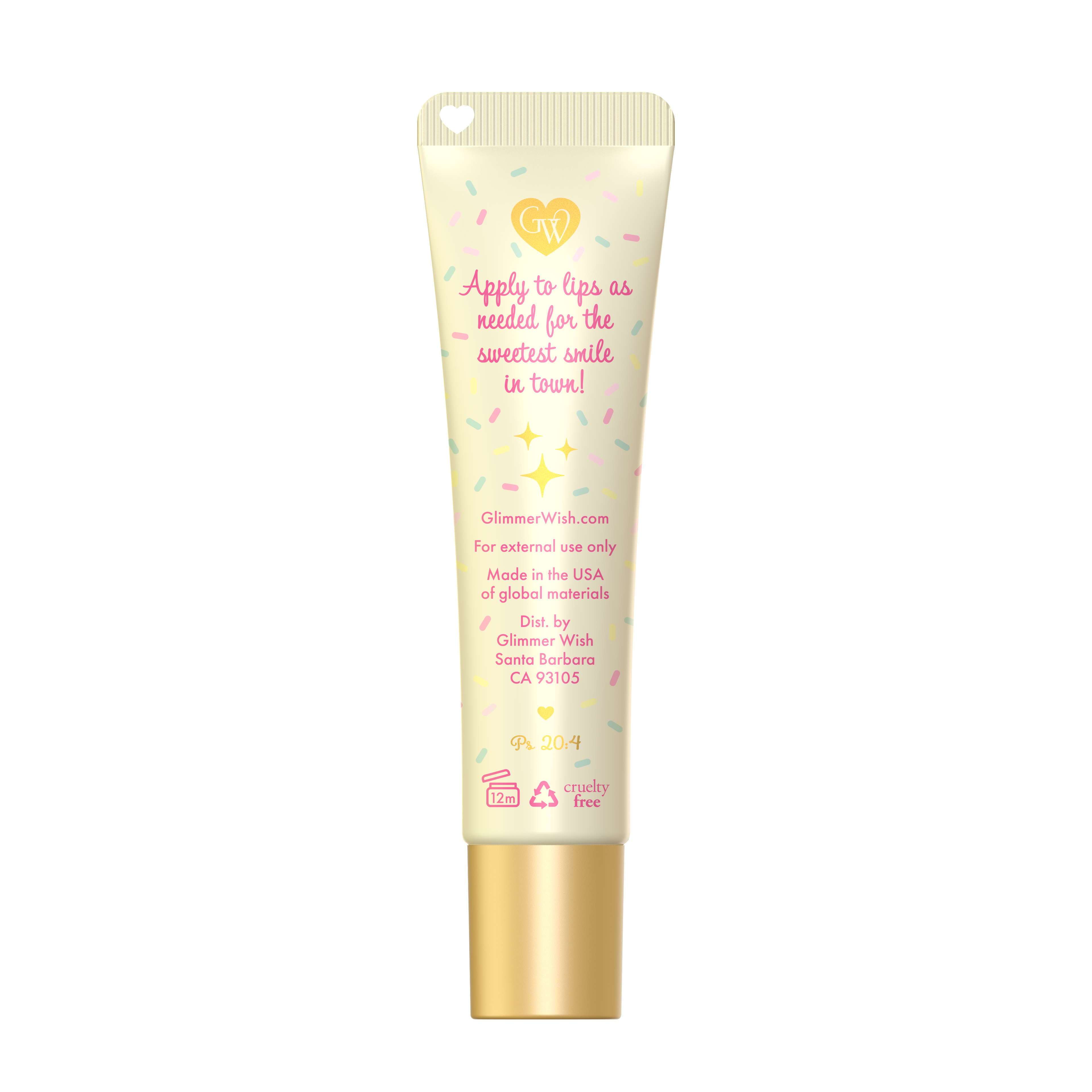 Glimmer Whip whipped lip balm tube showing heart-shaped applicator design
