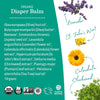 Organic diaper balm label with ingredients and images of lavender, St. John's Wort, calendula, and chickweed.