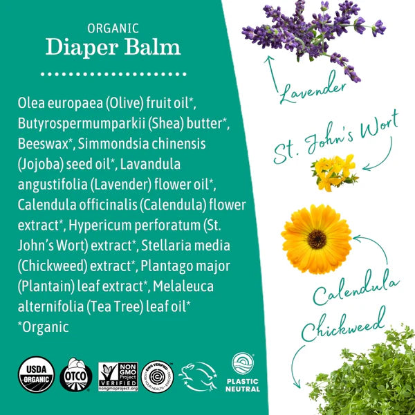 Organic diaper balm label with ingredients and images of lavender, St. John's Wort, calendula, and chickweed.