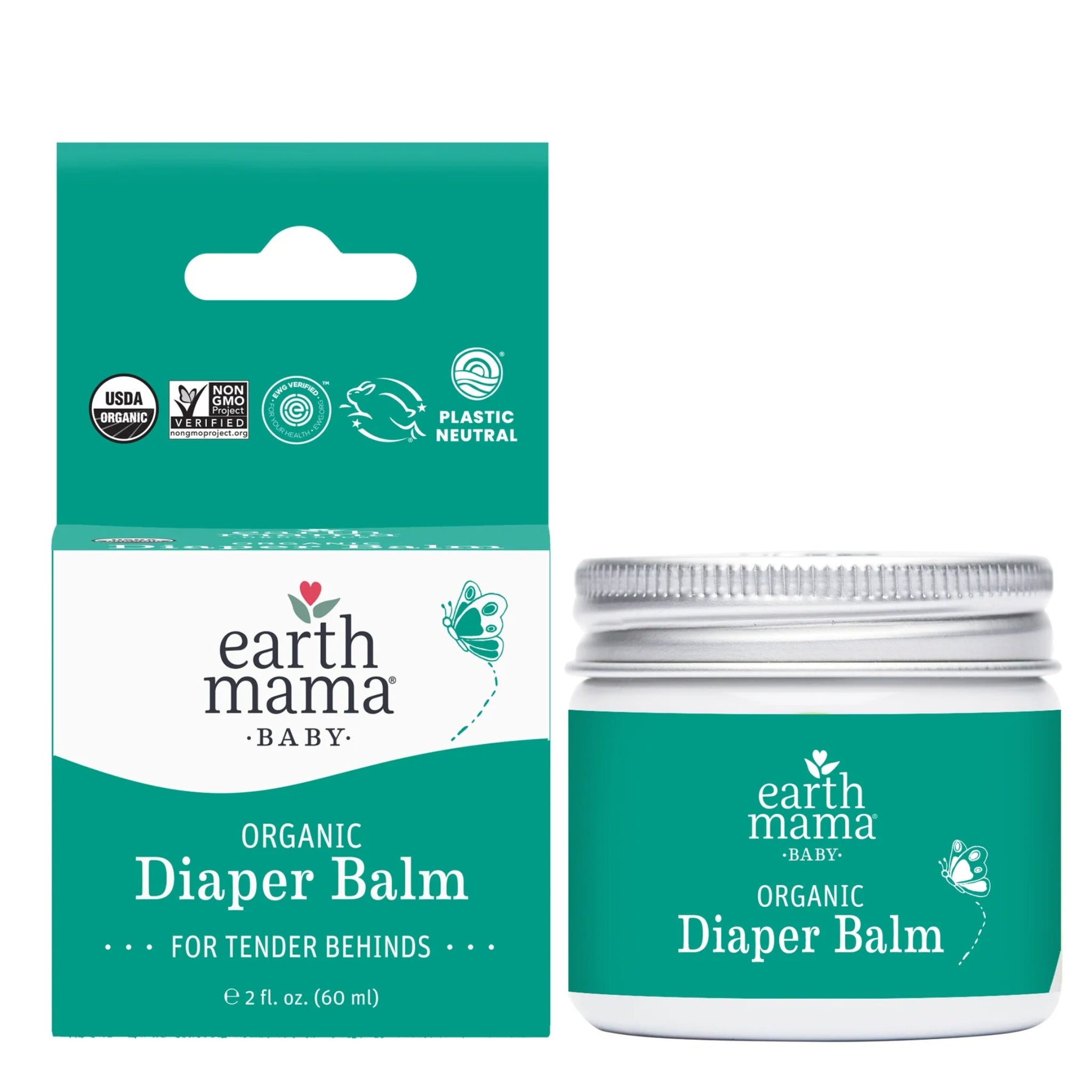 Earth Mama Organic Diaper Balm packaging and jar on a white background. Earth Mama Organics Diaper Balm: Organic, non-toxic diaper rash & skin balm. Safe for newborns, soothing for dry skin, cuts & nursing moms.