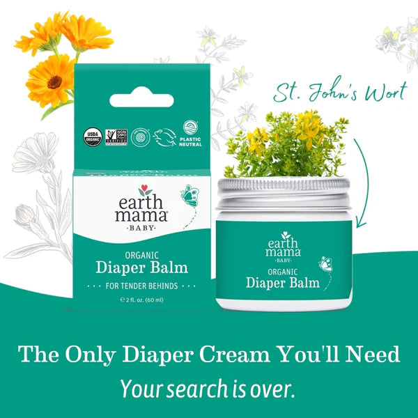 Earth Mama Organic Diaper Balm packaging with St. John's Wort flowers on a white background