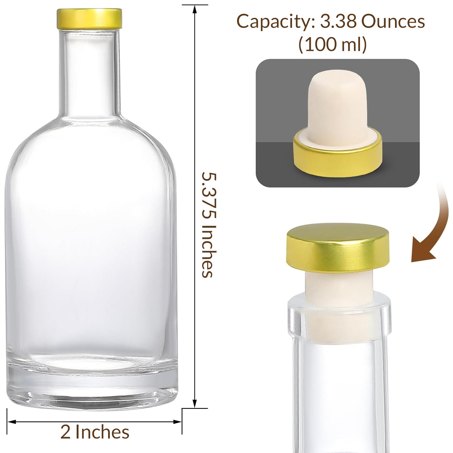 Clear glass bottle with gold cap and measurements on a white background