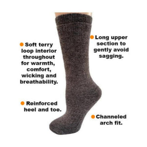 Purely Alpaca American Traveler 100% alpaca sock with features highlighted on a white background