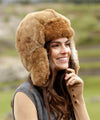 Handmade 100% baby alpaca RCMP fur hat with earflaps in Chullo style, crafted in Peru