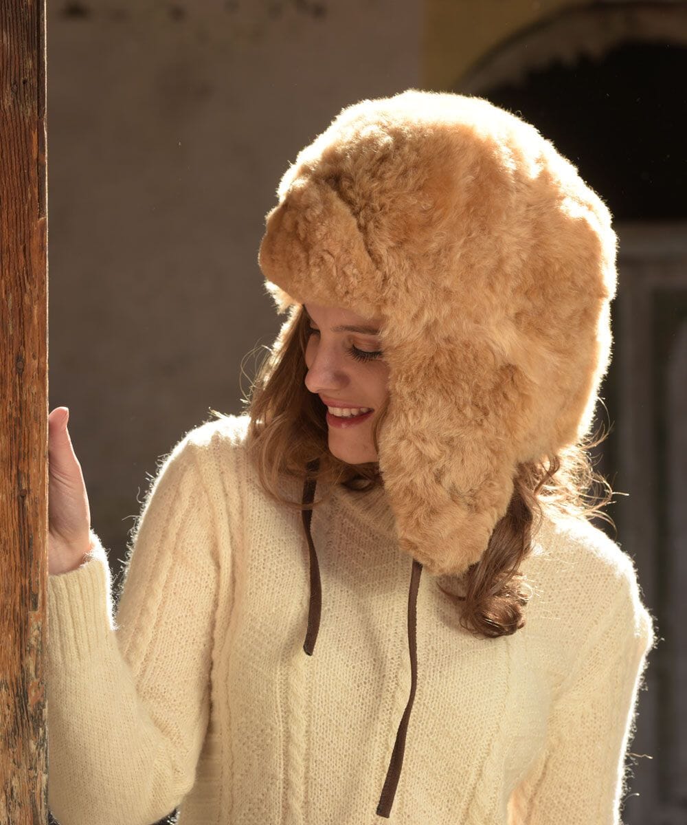 Close-up of 100% baby alpaca fur hat with Chullo earflaps showing texture and craftsmanship