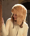 Close-up of 100% baby alpaca fur hat with Chullo earflaps showing texture and craftsmanship