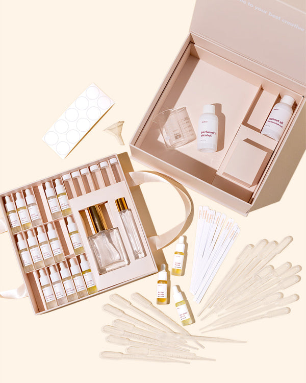 Close-up of the makesy starter perfume making kit components and packaging