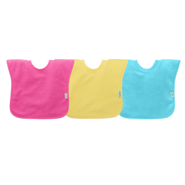 Three colorful bibs in pink, yellow, and blue on a white background