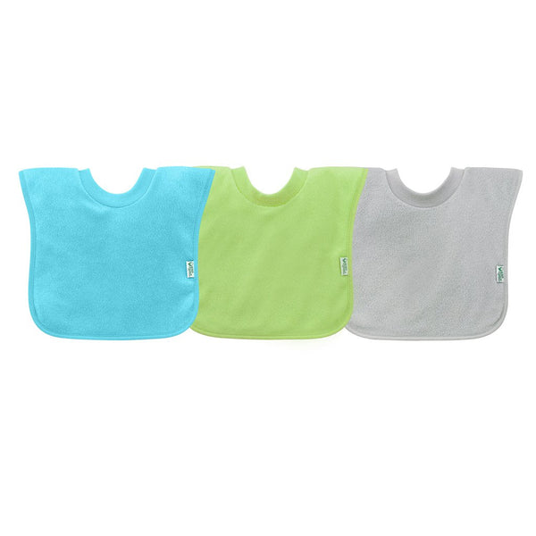 Three baby bibs in blue, green, and gray on a white background
