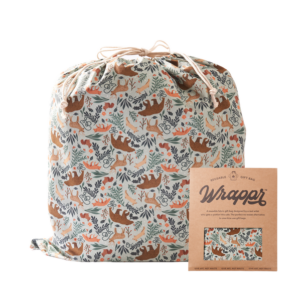 Large reusable cotton fabric gift bag designed by artist Hannah Pearlman, 22 inch zero-waste gift wrapping