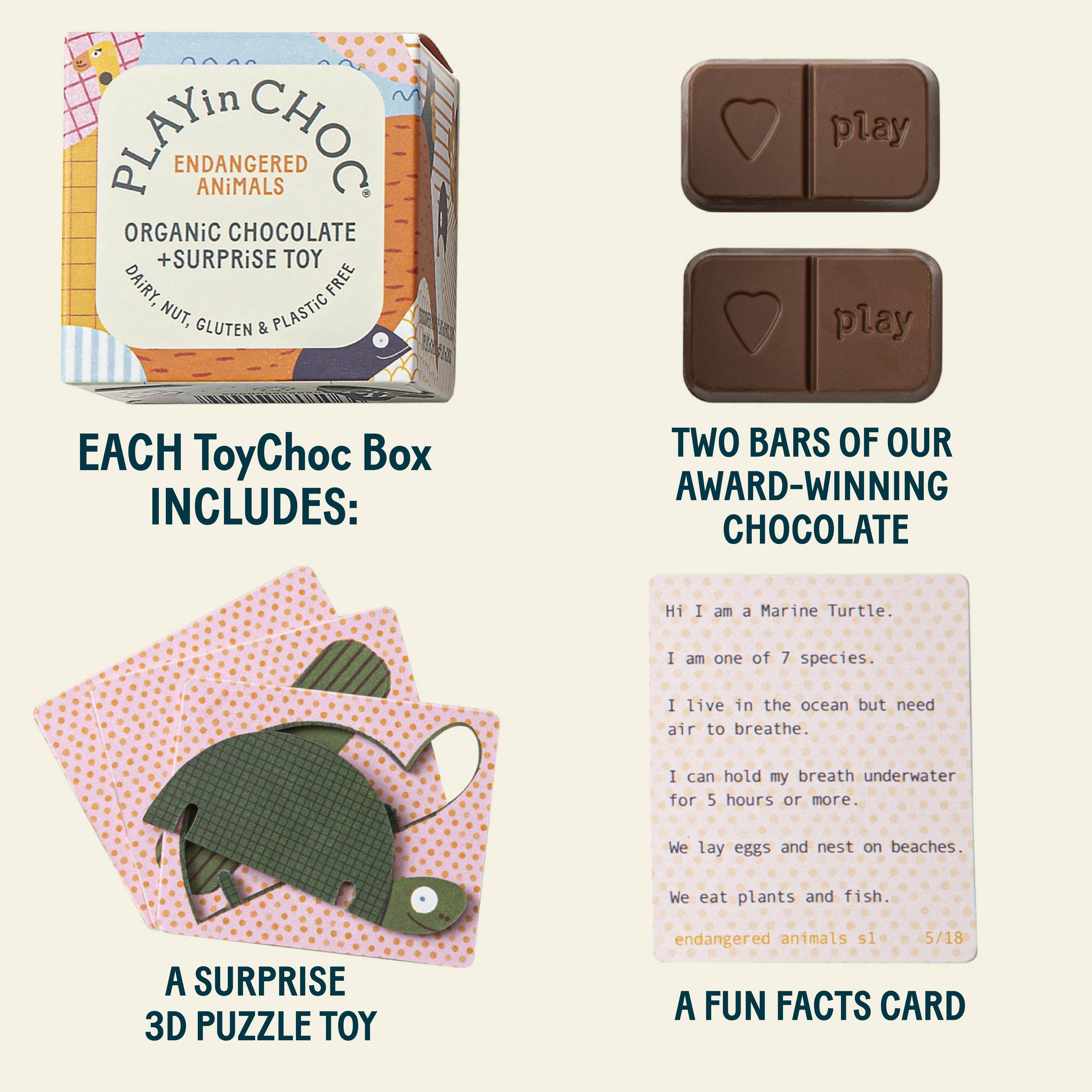 Playin Choc packaging with chocolate bars, toy, and fun facts card on a beige background