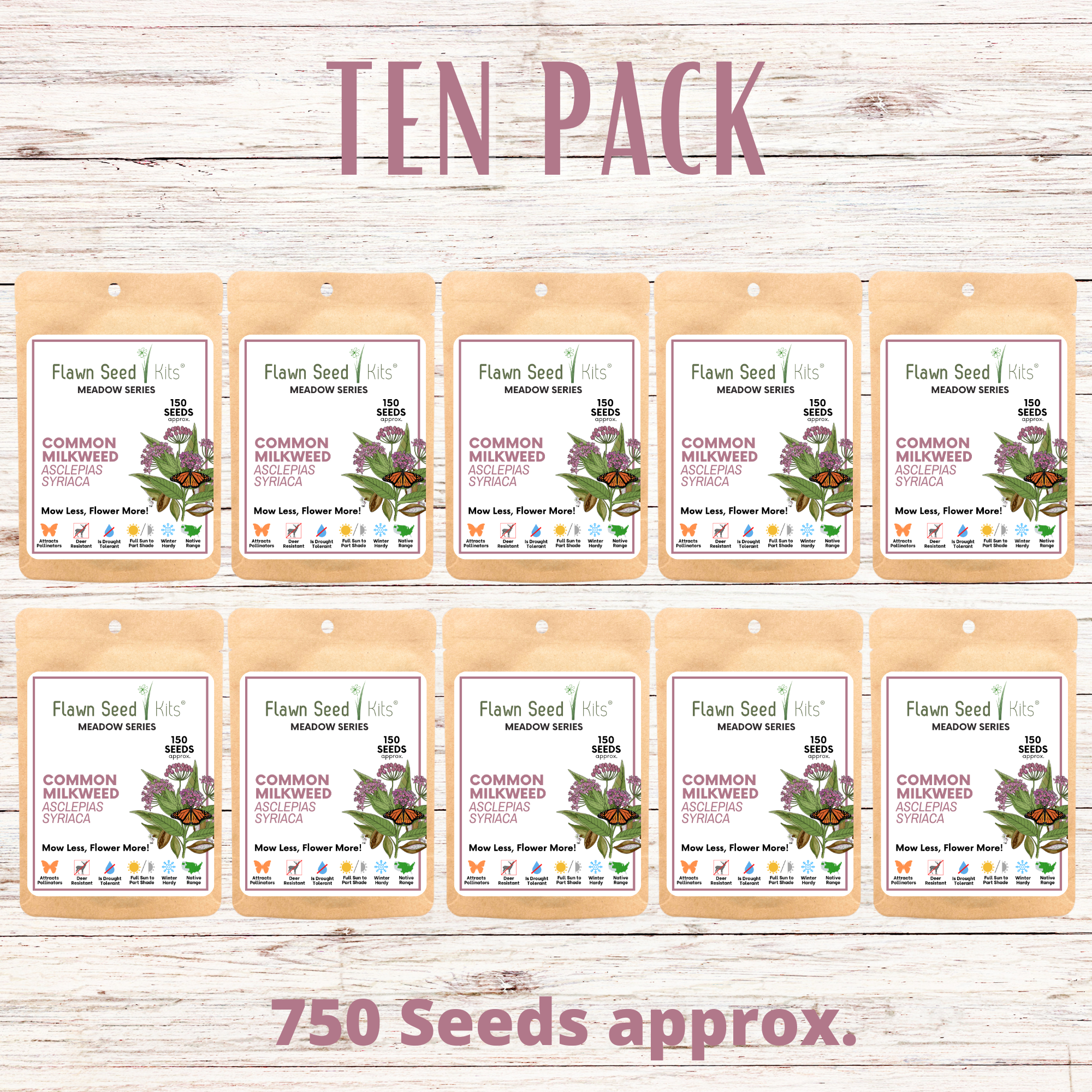 Ten packs of Flaxon Seed Co. Common Milkweed seeds on a wooden background with text indicating quantity and seed count.