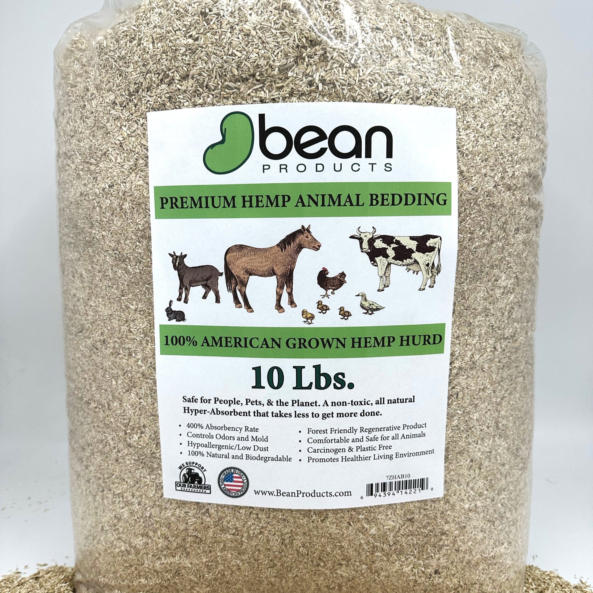Bag of premium hemp animal bedding with a label on a white background