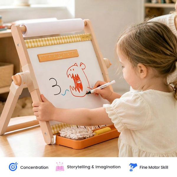 A young child in a cream dress is drawing on a wooden children's easel with a white board, marker, and small storage tray on a wooden table. The scene is brightly lit and set in a home-like environment.