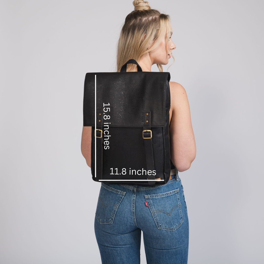 Person wearing a black backpack with dimensions printed on it against a gray background
