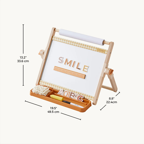 A wooden ABC lettering and drawing board set with a white writing surface, wooden frame, letter tray, drawing tools, and measurement annotations showing dimensions in centimeters and inches.