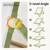 An instructional product graphic showing a light green folding stand with a yellow twist knob and text explaining angle settings. The left side shows the knob and the stand close-up with arrows for lock/unlock, and the right side lists five level angles from 60° to 0° with numbered circles.