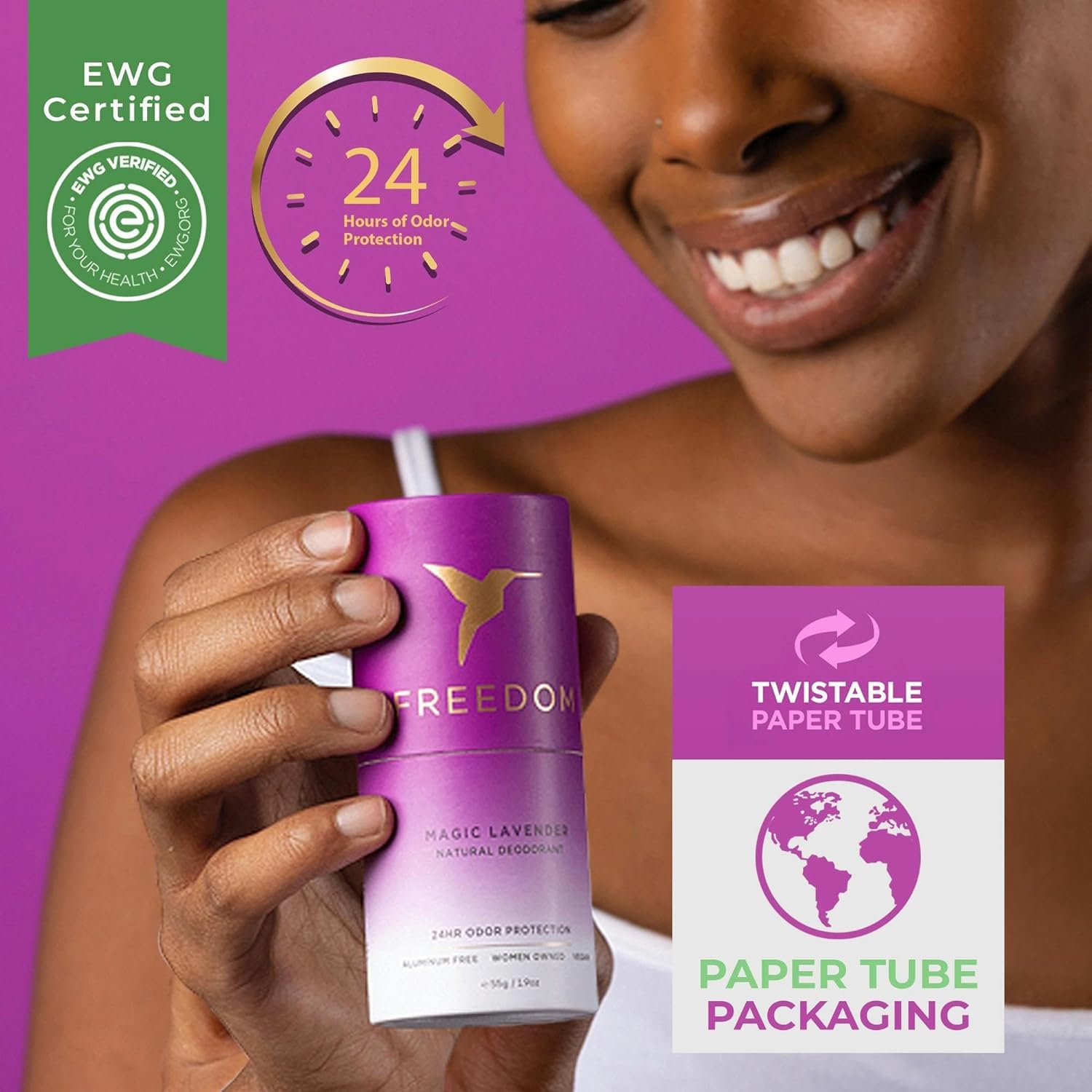 Freedom Natural Deodorant applied to underarm — 24-hour clinically proven odor protection