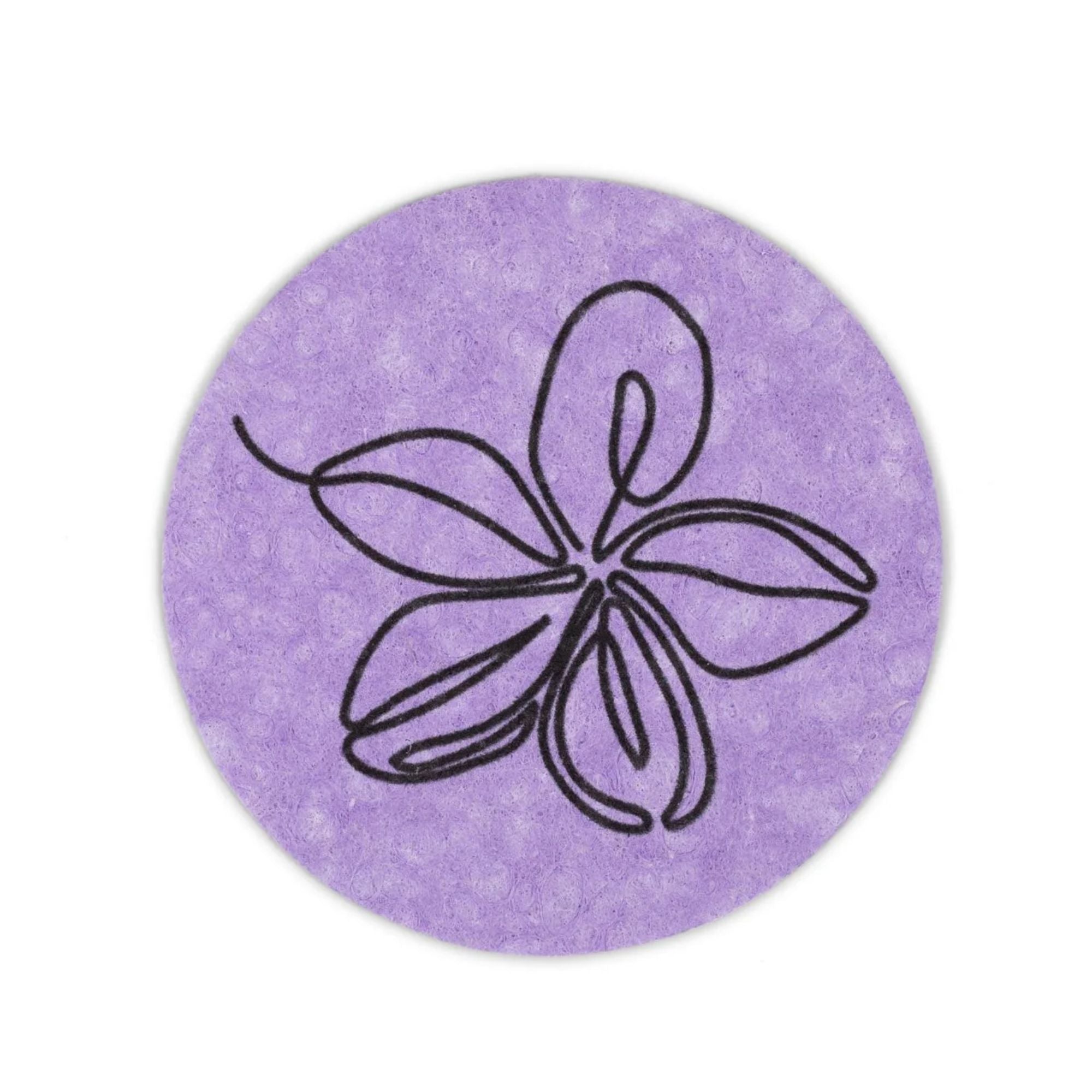 Round purple coaster with a black floral design on a white background