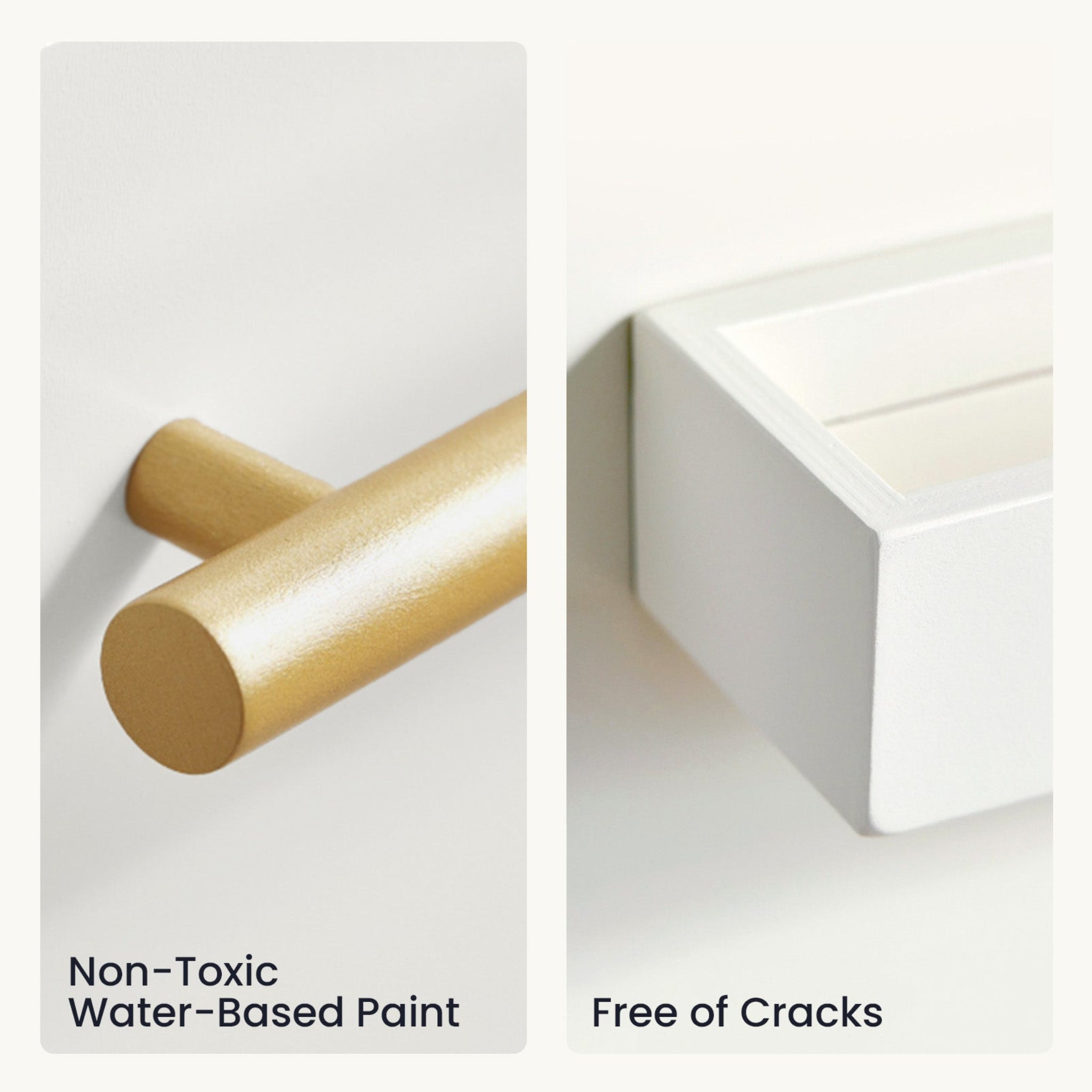 Close-up of Tiny Land play kitchen fridge showing non-toxic water-based paint finish, free of cracks