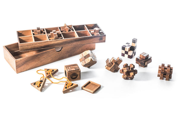 Wooden puzzle set with various interlocking pieces on a white background
