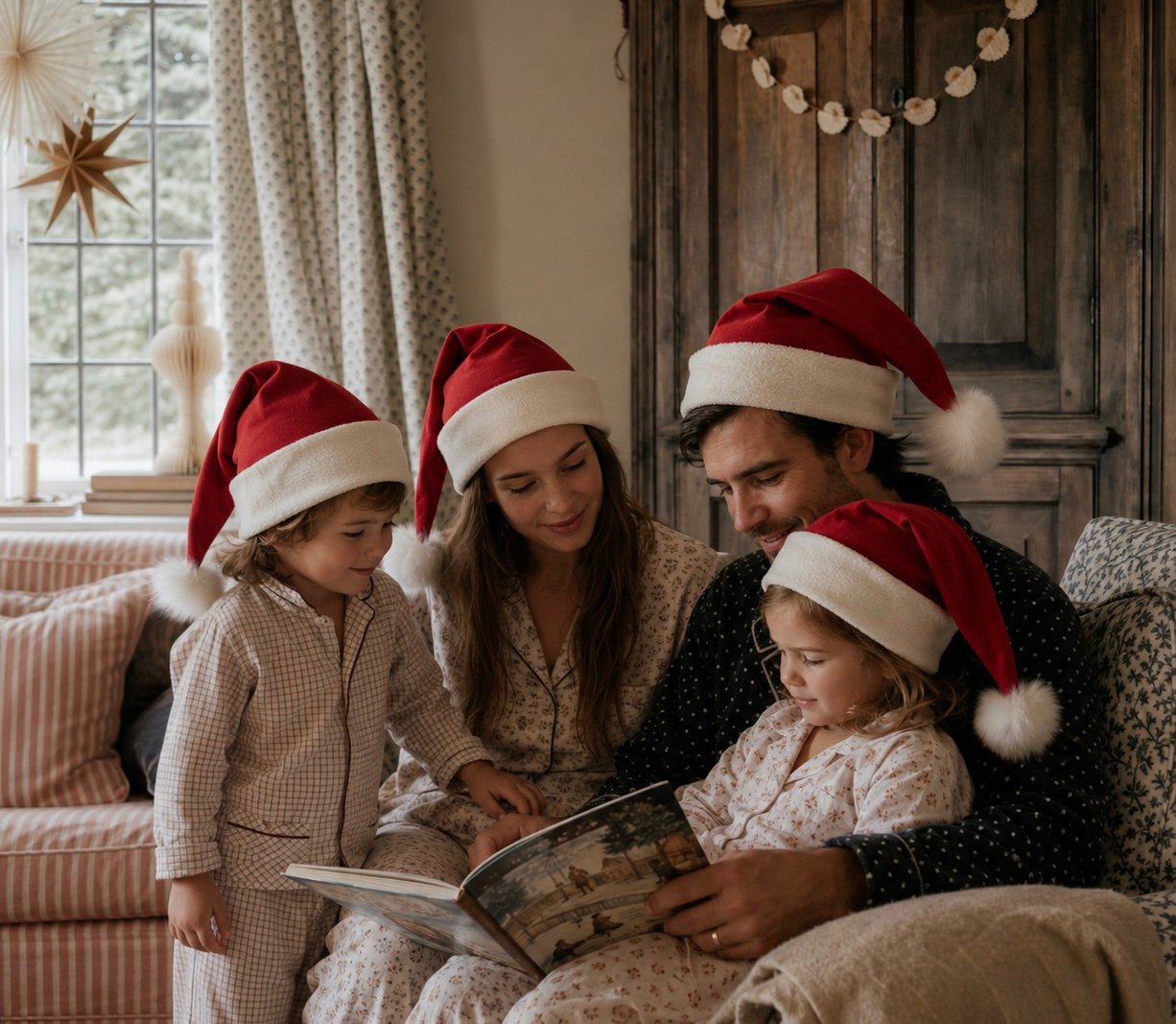 No Plastic Family Santa Hat shown in child and adult sizes side by side