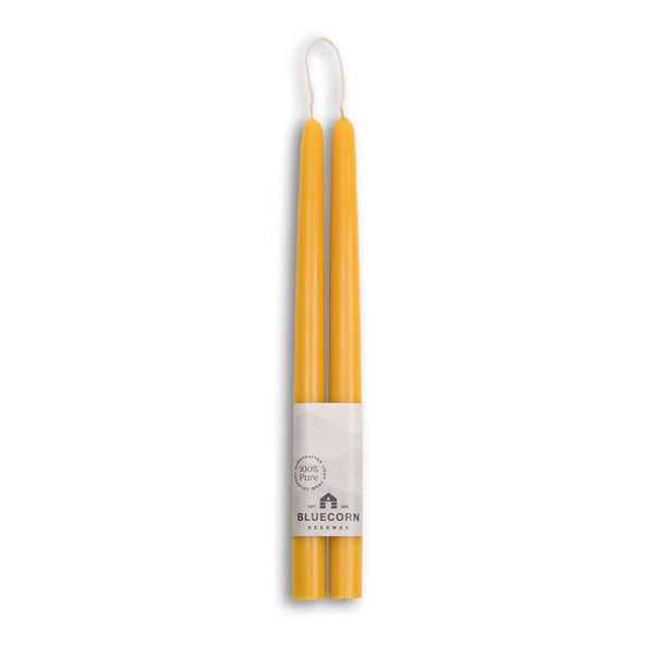 Raw beeswax taper candles hand-dipped by Bluecorn Candles, 12-inch pair in natural honey colour