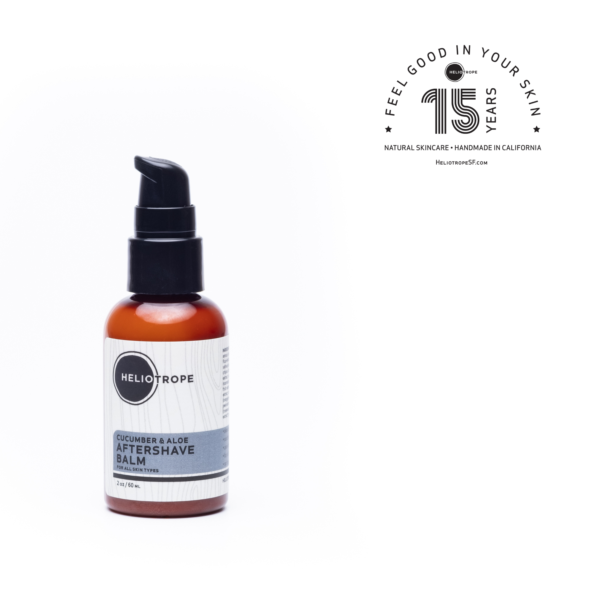 Heliotrope SF Cucumber and Aloe Aftershave Balm 2oz pump bottle on clean background