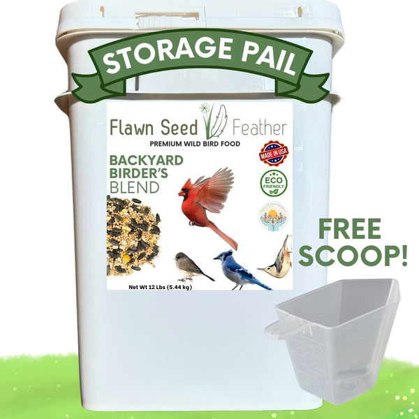 Flawn Seed Feather storage pail with bird seed blend and free scoop on a white background