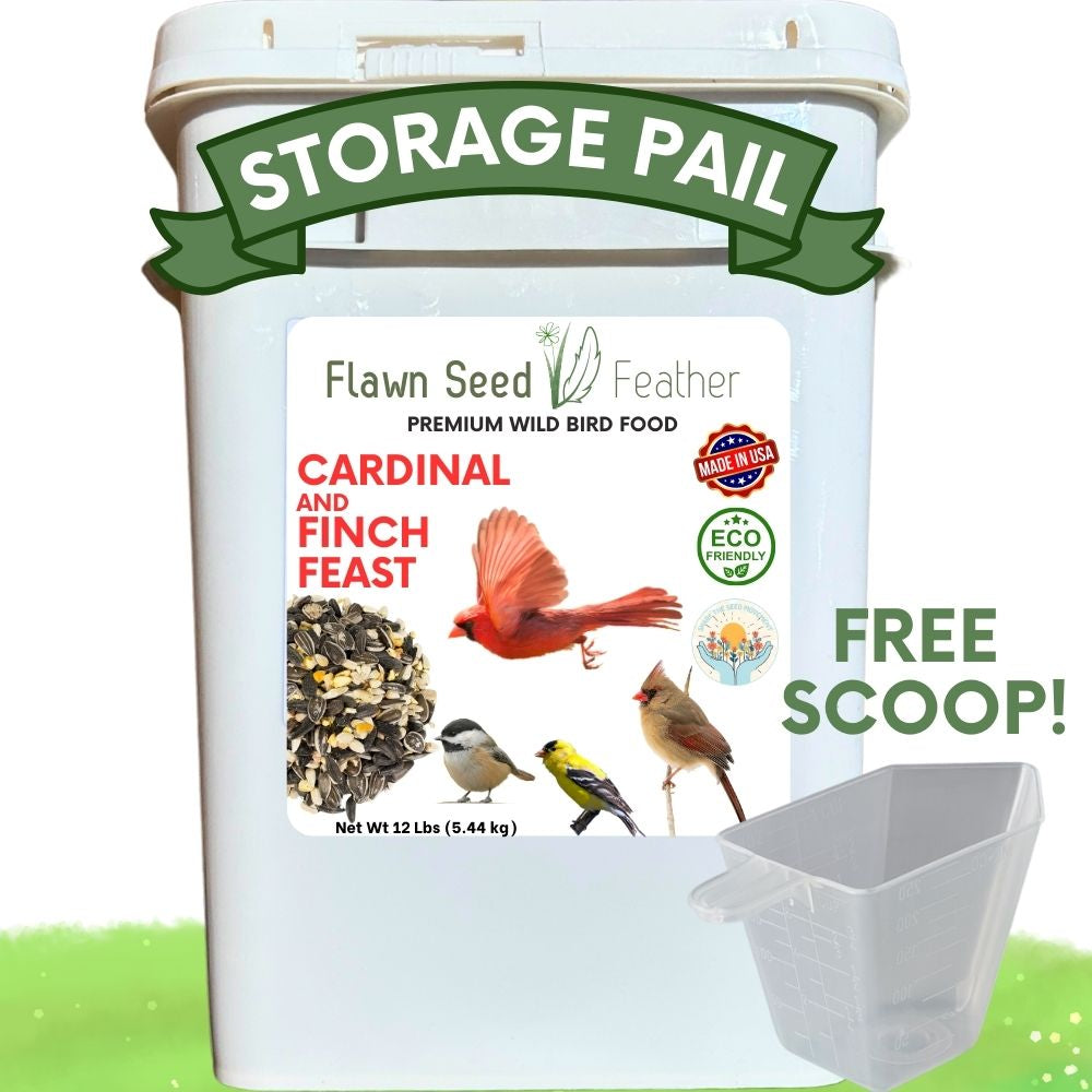Flawn Seed Feather bird food storage pail with label and scoop on a white background