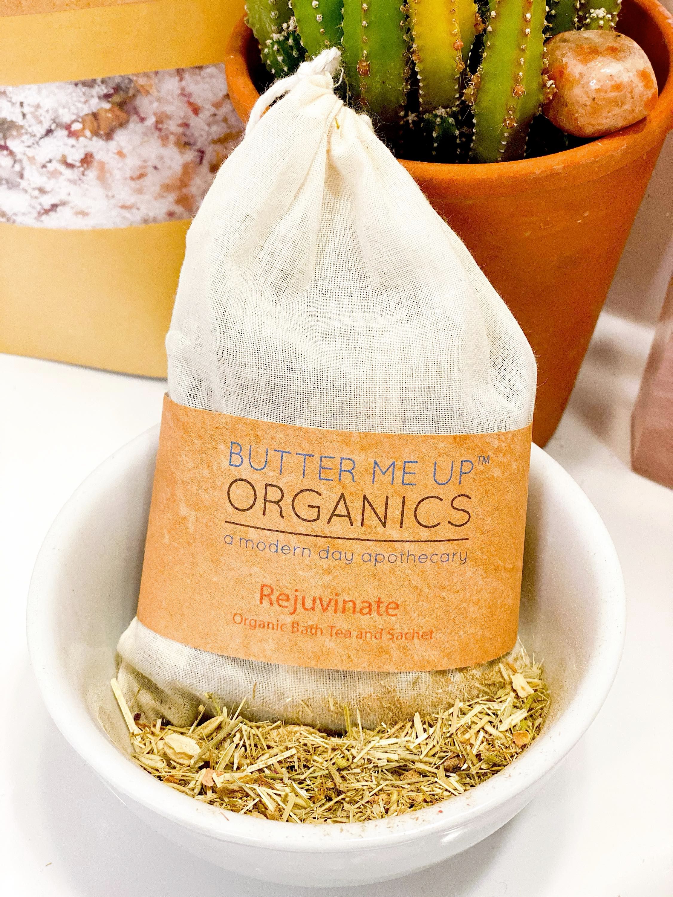 Organic rejuvenating bath tea sachet with dried herbs by Butter Me Up Organics