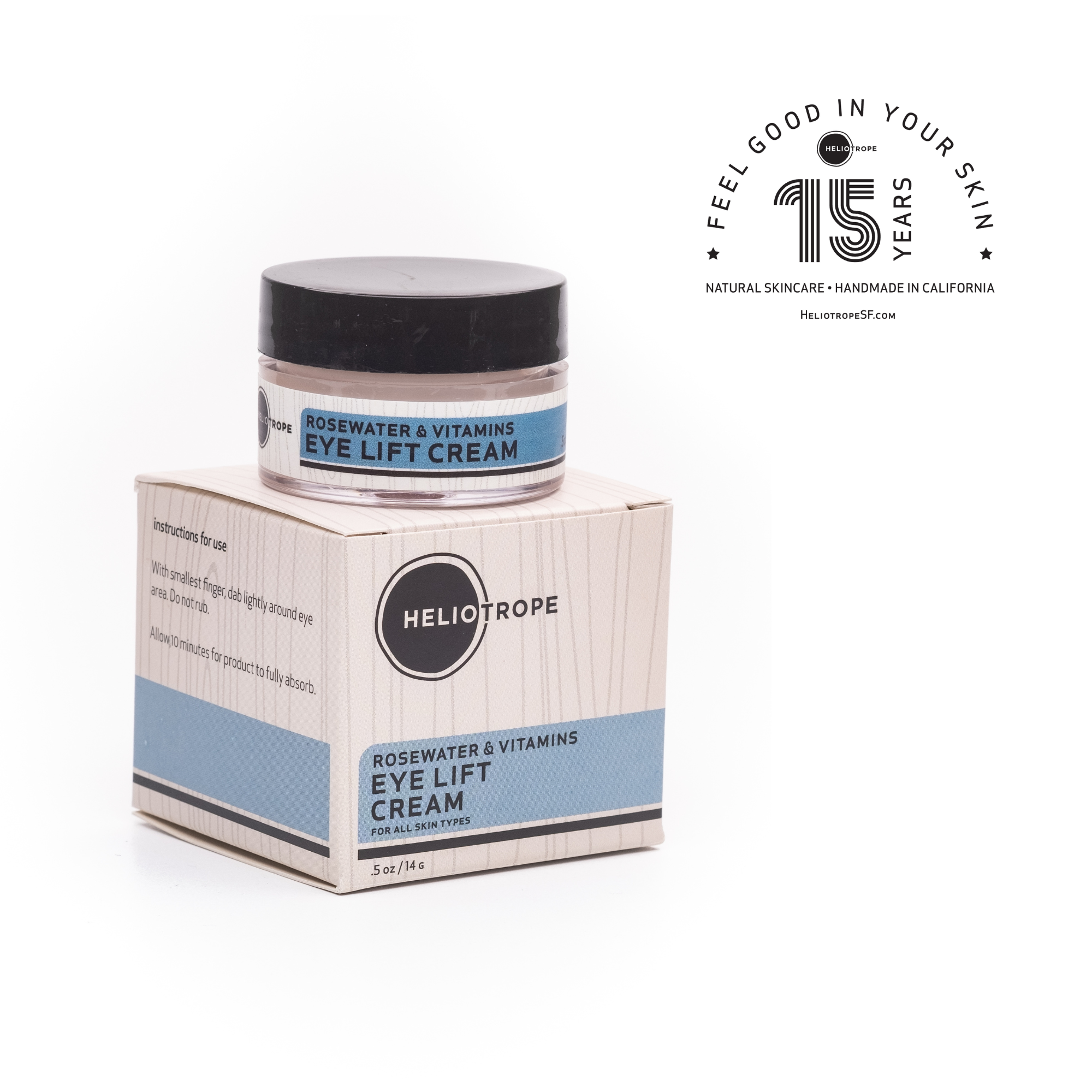 Heliotrope SF Rosewater and Vitamins Eye Lift Cream 0.5oz jar on a clean white background
