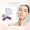 Advertisement for compostable makeup sponges with a woman touching her face and promotional text.