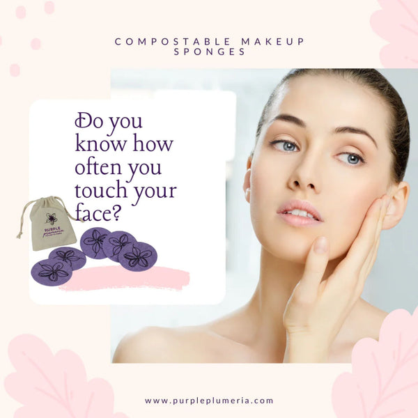 Advertisement for compostable makeup sponges with a woman touching her face and promotional text.